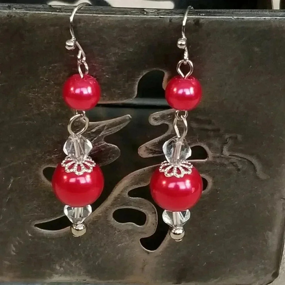 Artisan Glossy Red Glass Pearl Clear Crystal Silver Plated Dangle Earrings - Picture 1 of 3